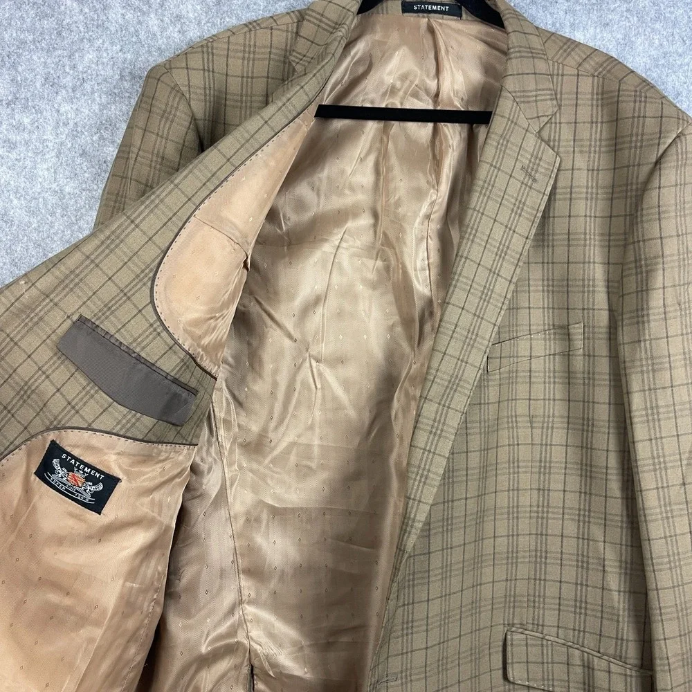 Statement Blazer Vest Waistcoat 2 Piece Set Mens 50L Beige Plaid Wool Italy Made